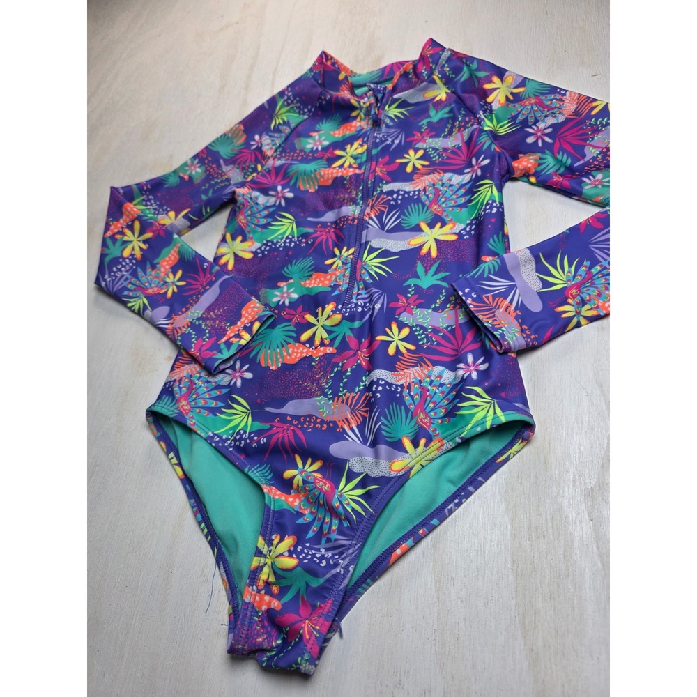 Wave Zone Kids Purple Tropical Jungle Leopard Peacock Rash Guard Swimsuit 10/12